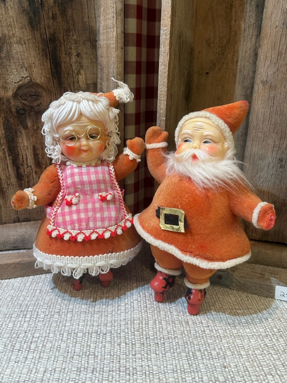 Vtg. 1960's Flocked Mr & Mrs. Santa Set Kitschy Christmas 7.6" Tall